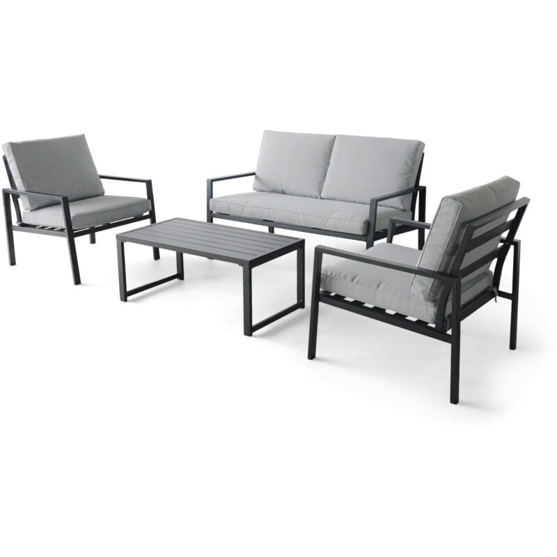foto del prodotto frankystar - rugiada - set salotto da esterno in alluminio con cuscini - 2 poltrone, divano e tavolino
