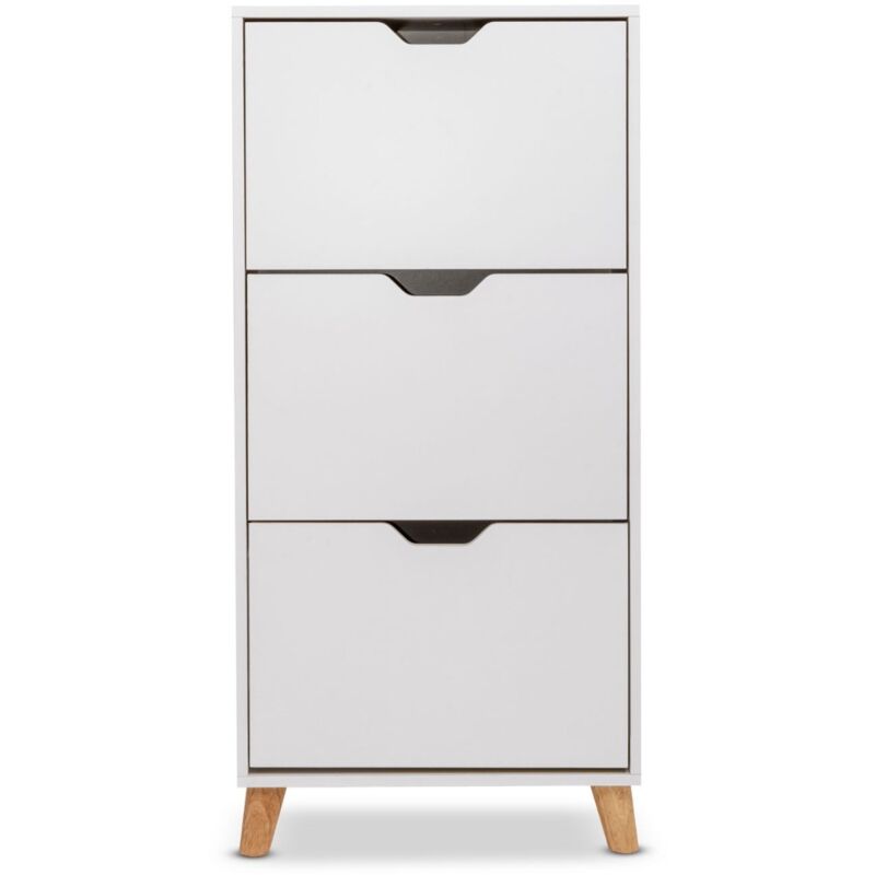 foto del prodotto frankystar - scarpiera bianca da design nordico a 3 ripiani con piedi in legno di pino