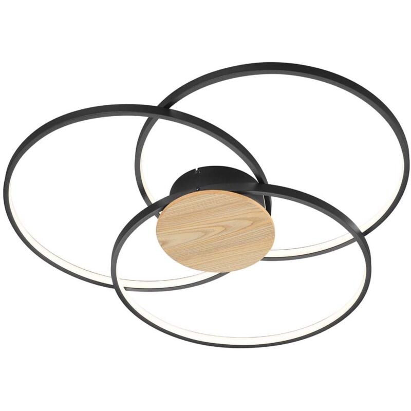 foto del prodotto frankystar sedona plafoniera led 3 cerchi nera con inserto effetto legno con regolazione intensita con interruttore d.90cm