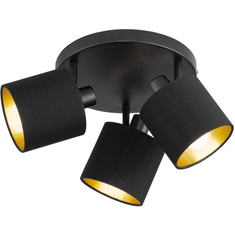 foto del prodotto frankystar tommy plafoniera 3 spots con diffusori paralumi neri e oro base metallo nero opaco d.25cm