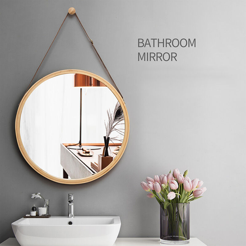 foto del prodotto freosen specchio da parete rotondo specchio decorativo in legno da 45 cm con cornice in legno con gancio per bagno, camera da letto o spogliatoio