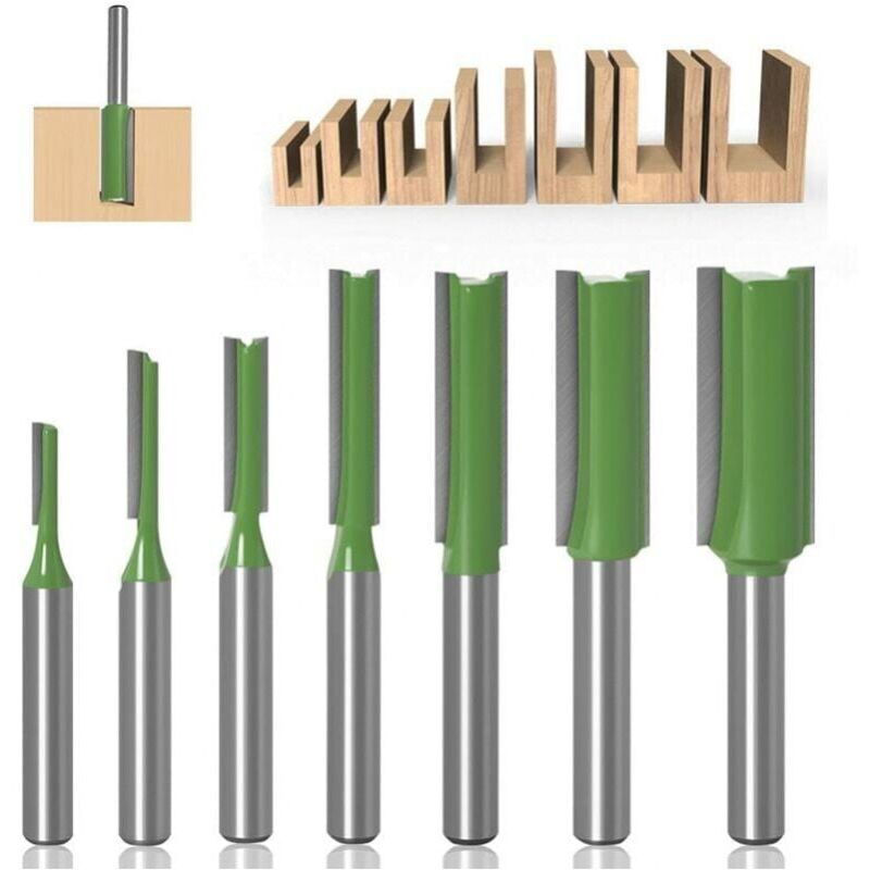 foto del prodotto fresa dritta da 6 mm, fresa dritta da 7 pezzi, fresa a bordo dritto, set di frese dritte, fresa in carburo per legno, utensili per lavorazione del