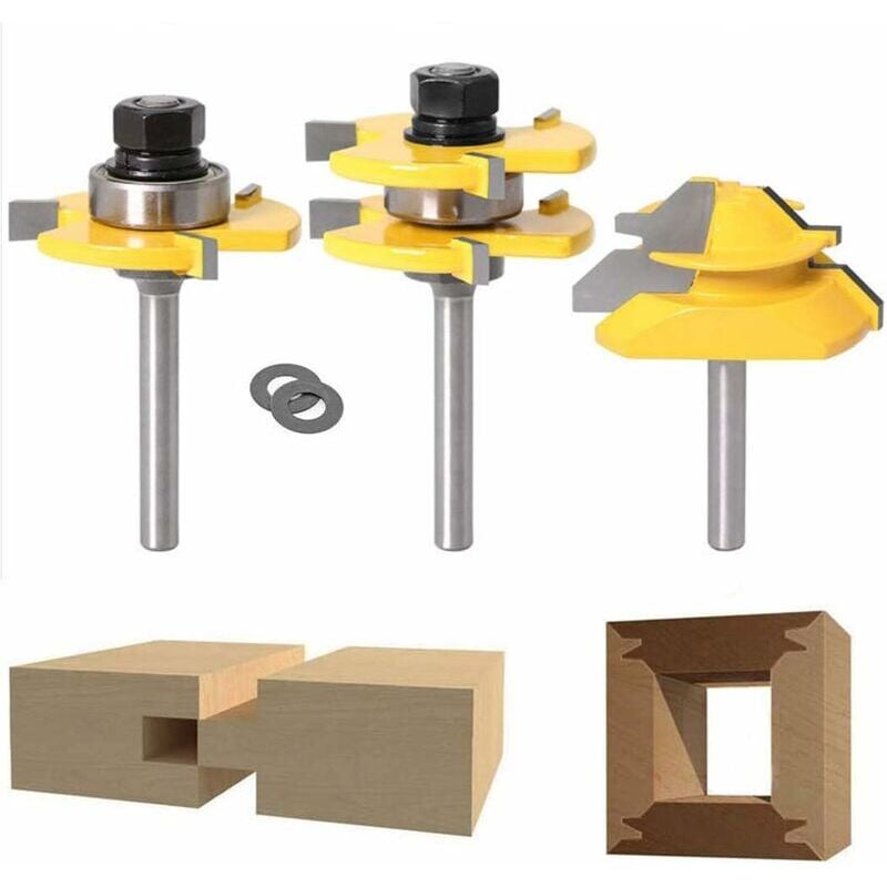 foto del prodotto fresa per fresatura obliqua ymyny a 45 gradi + fresa per linguetta + fresa per scanalature, fresa per lavorazione del legno per utensili da carpenteria (1/4'' (6,35 mm))