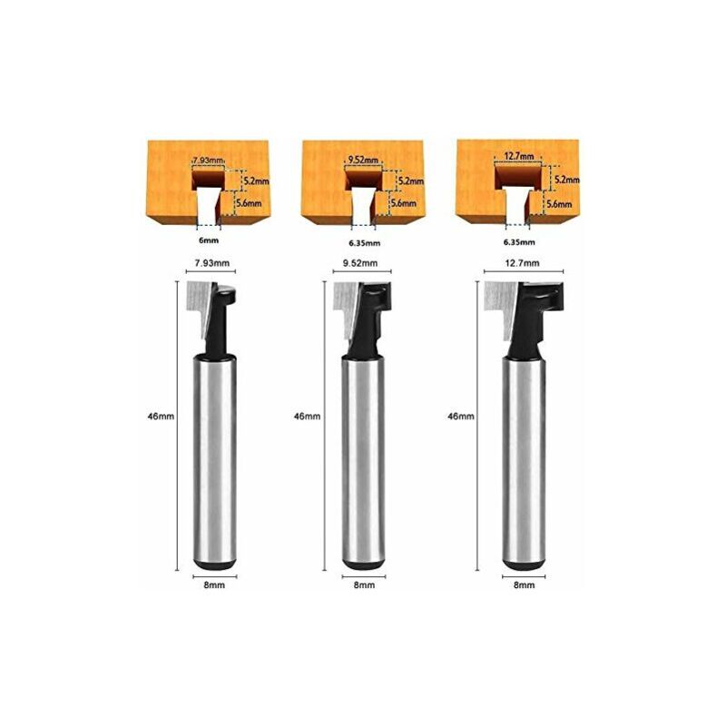 foto del prodotto fresa per scanalature a t da 8 mm, fresa a t, gambo in 3 pezzi 7,93 9,52 12,7 mm con lama, fresa per lavorazione del legno per utensili elettrici,