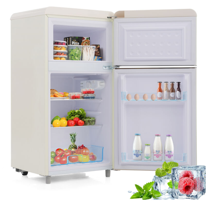 foto del prodotto frigorifero retr , frigorifero a doppia porta superiore e inferiore, volume totale 72 litri, con volume congelatore 21 litri, 120 kwh anno,