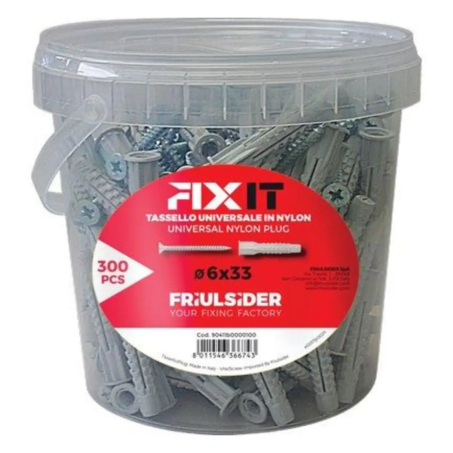 foto del prodotto friulsider tassello nylon universale mm 6x33 con vite 300pezzi secchiello plastico