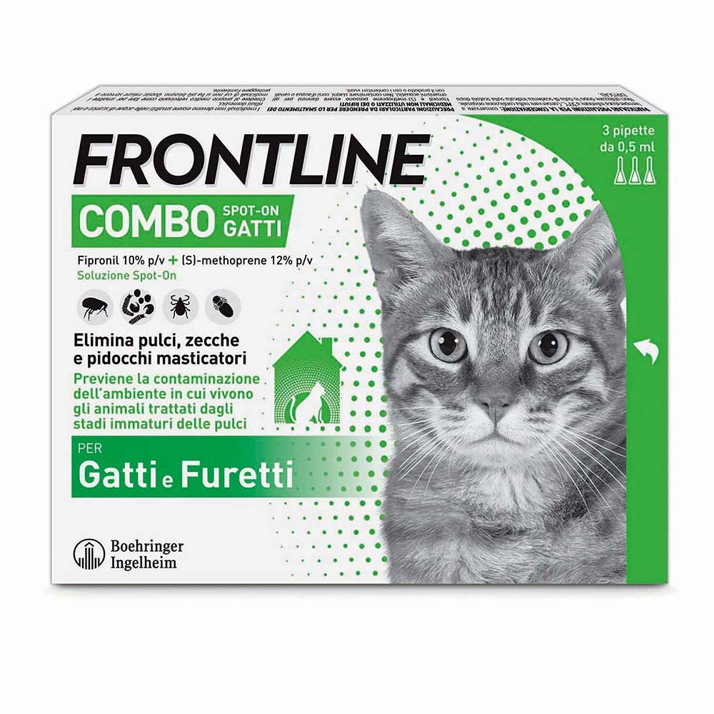 foto del prodotto frontline combo gatti x3 pipette, antiparassitario per gatti, gattini e furetti, contro pulci, zecche, uova, larve e pidocchi