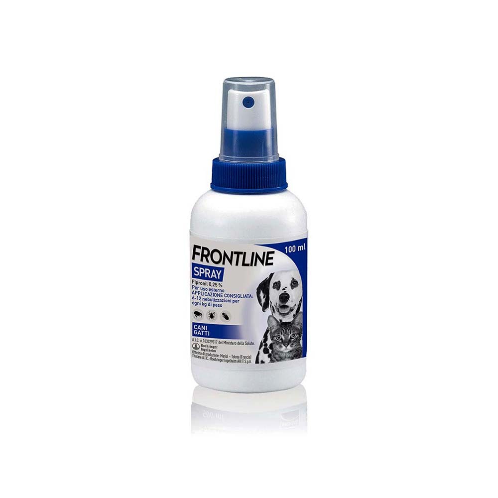 foto del prodotto frontline spray 100ml, protegge cani, gatti e cuccioli dal secondo giorno di vita da pulci, zecche e pidocchi