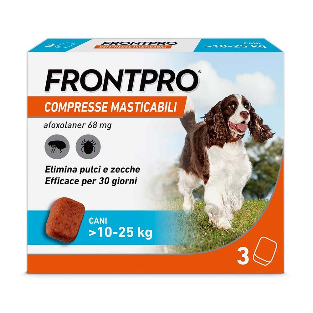 foto del prodotto frontpro x3 compresse masticabili antiparassitario per cani 10 25kg contro pulci, zecche, uova e larve