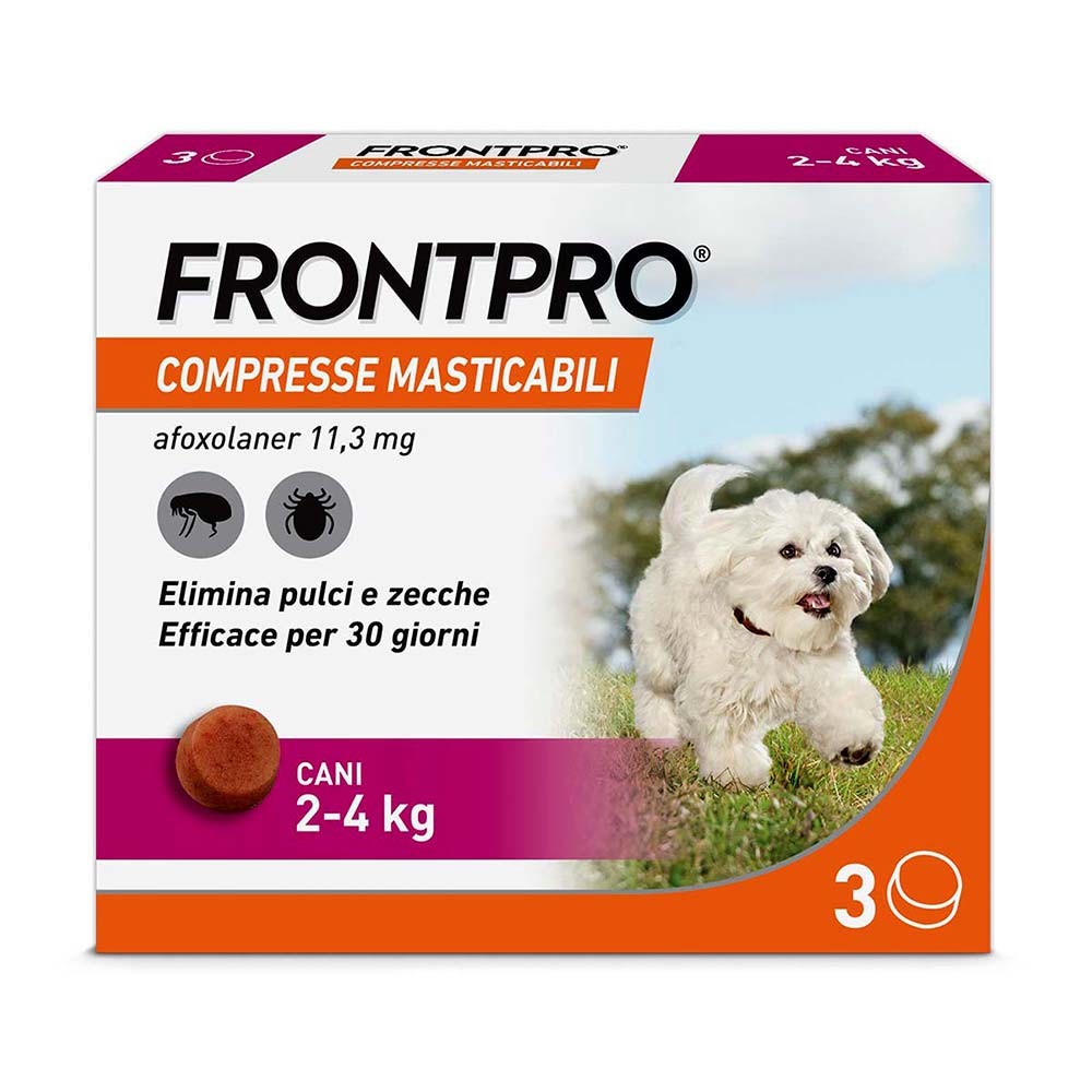 foto del prodotto frontpro x3 compresse masticabili antiparassitario per cani (2-4kg) contro pulci, zecche, uova e larve