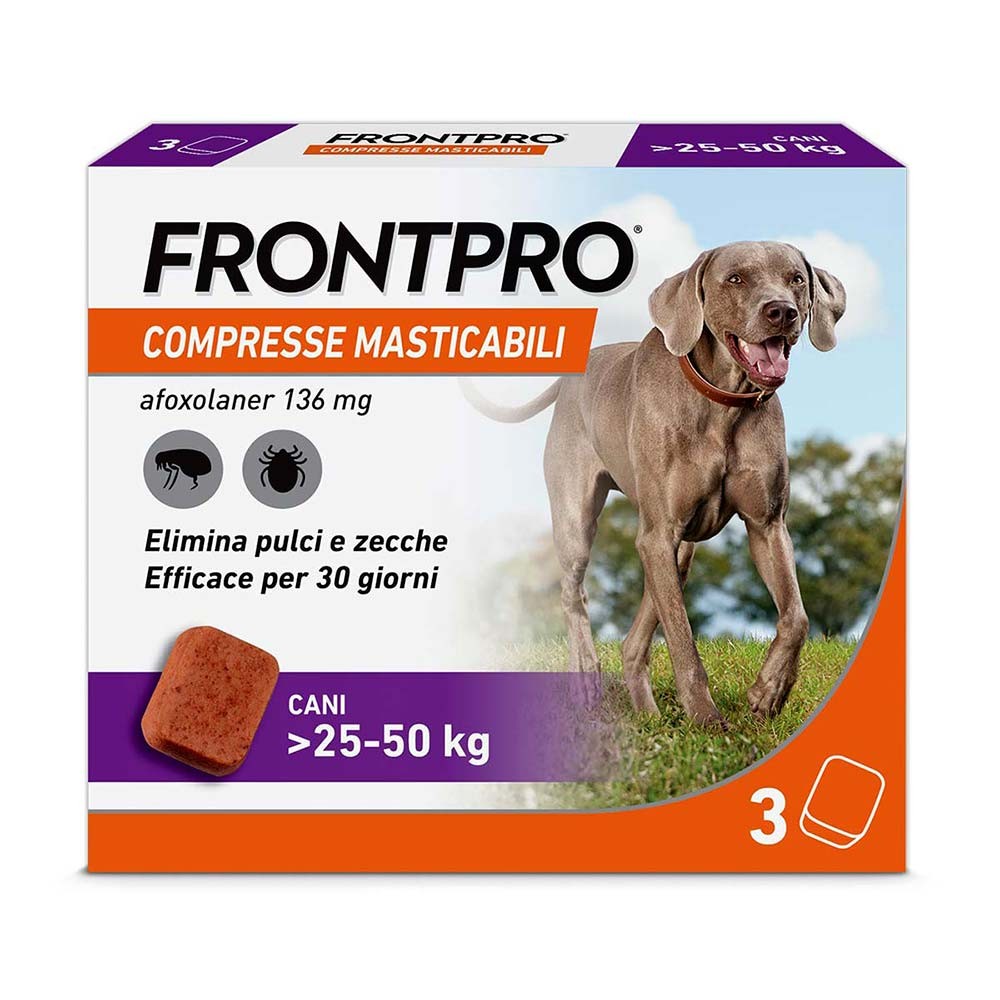 foto del prodotto frontpro x3 compresse masticabili antiparassitario per cani 25 50kg contro pulci, zecche, uova e larve