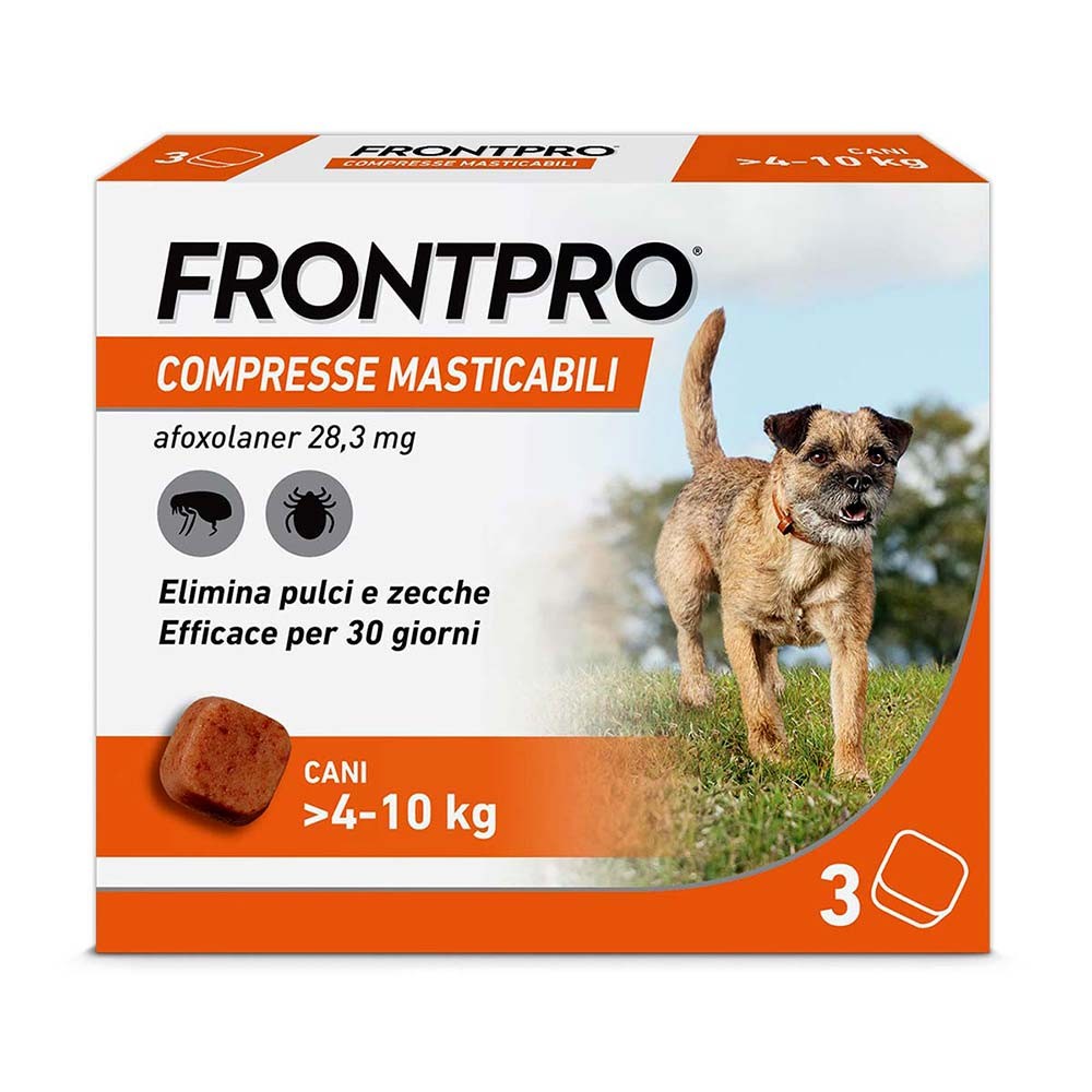 foto del prodotto frontpro x3 compresse masticabili antiparassitario per cani 4 10kg contro pulci, zecche, uova e larve
