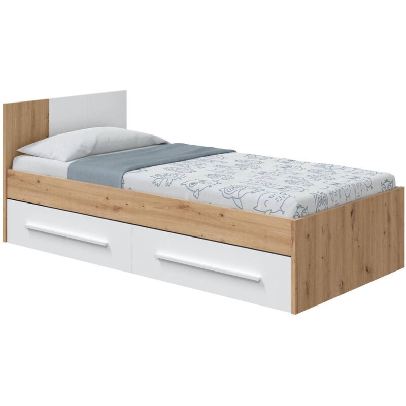 foto del prodotto frs dmora letto per bambini azalia, letto singolo contenitore con testiera, struttura letto 2 cassetti, 196x97h77 cm, rovere nodi e bianco