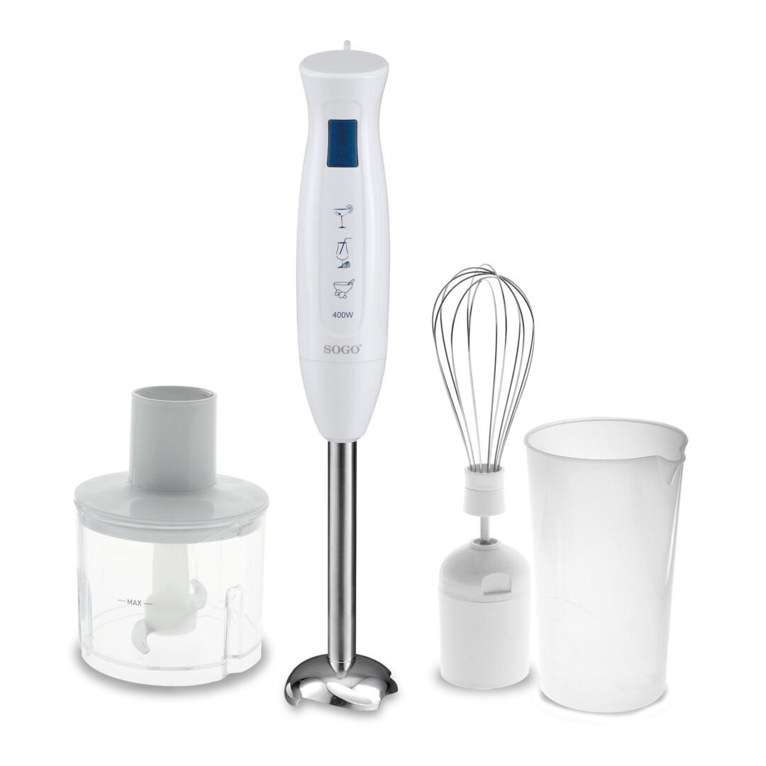foto del prodotto frullatore a immersione con tritacarne asta e tazza di misura