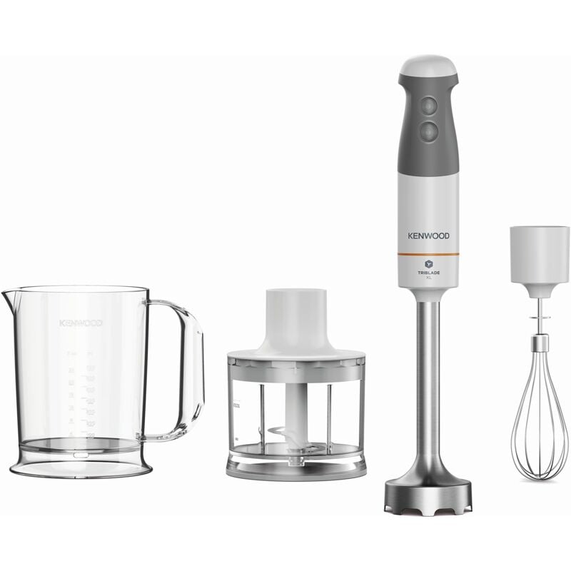 foto del prodotto frullatore ad immersione hbm40.302wh, sistema triblade con 3 lame, asta in metallo lunga 20 cm, inclusi frusta a filo, bicchiere graduato, tritatutto