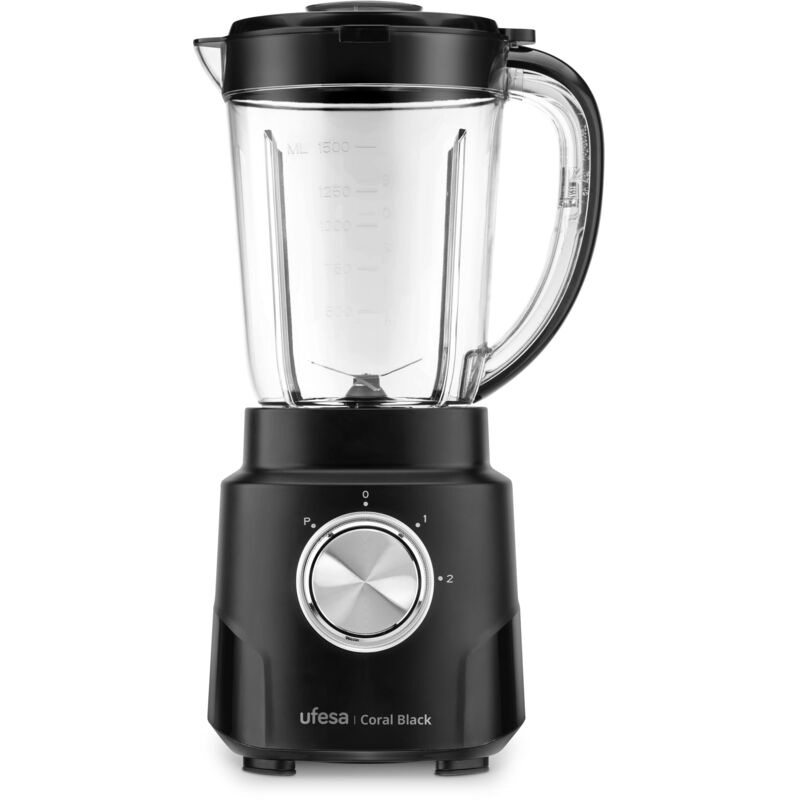 foto del prodotto frullatore da tavolo ufesa coral black, 600w di potenza, brocca in vetro da 1,5l, 4 lame estraibili in acciaio inox, 2 velocit turbo.