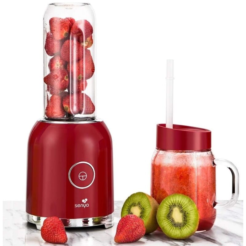 foto del prodotto frullatore smoothie con 2 bottiglie portatile rosso juicy delight 250w 6 lame in acciaio inox sycp-m025 senza bpa - senya
