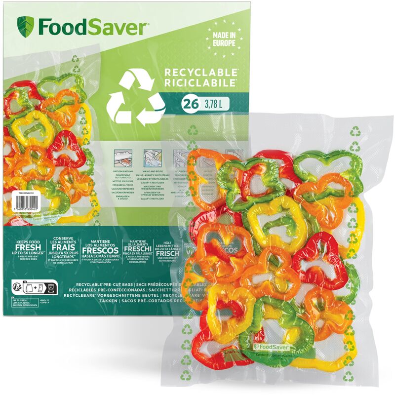 foto del prodotto fsbe3202x 01 26 sacchetti termosigillabili 100 riciclabili per macchina sottovuoto alimenti, lavabili, resistenti alle forature strappi, senza bpa,