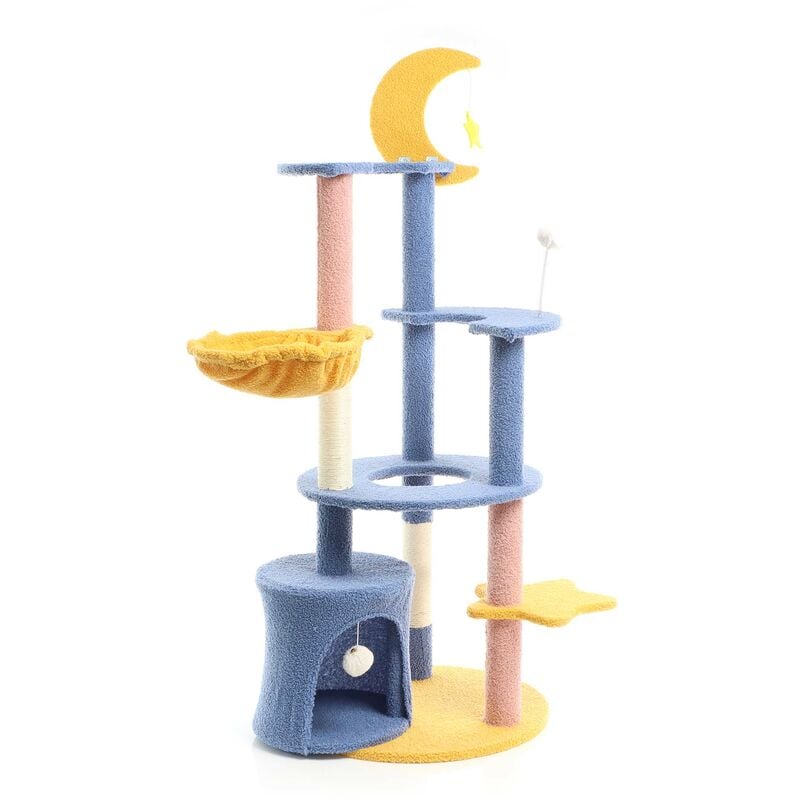 foto del prodotto fudajo albero tiragraffi con luna e stelle 132cm blu e giallo con casetta per gatti e sisal