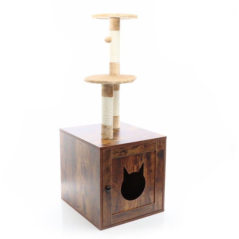 foto del prodotto fudajo albero tiragraffi design con box in legno marrone mobile multifunzione con toilette gatti