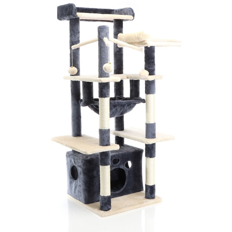 foto del prodotto fudajo albero tiragraffi per gatti 134cm grigio scuro, con casetta e amaca