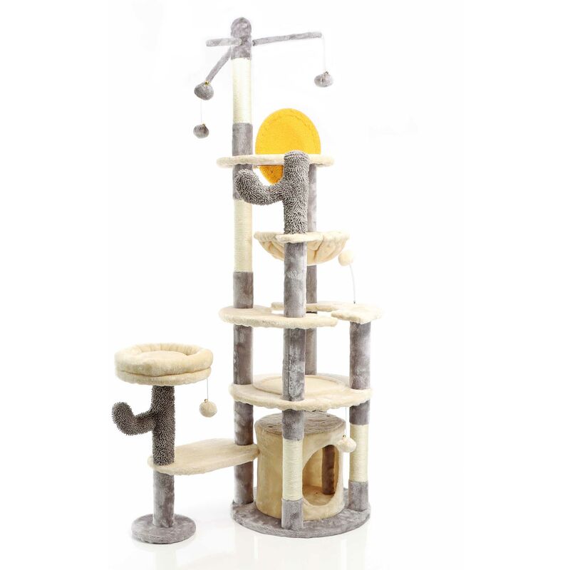 foto del prodotto fudajo albero tiragraffi per gatti grigio chiaro 172 cm con casetta amaca e palline