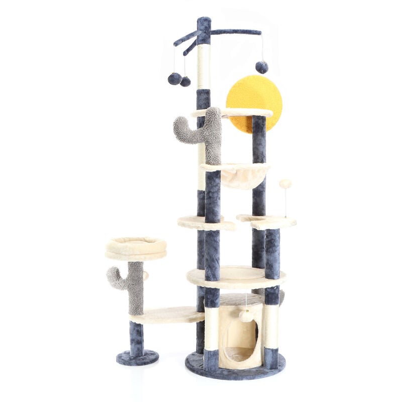 foto del prodotto fudajo albero tiragraffi per gatti grigio scuro 172 cm con casetta amaca e palline