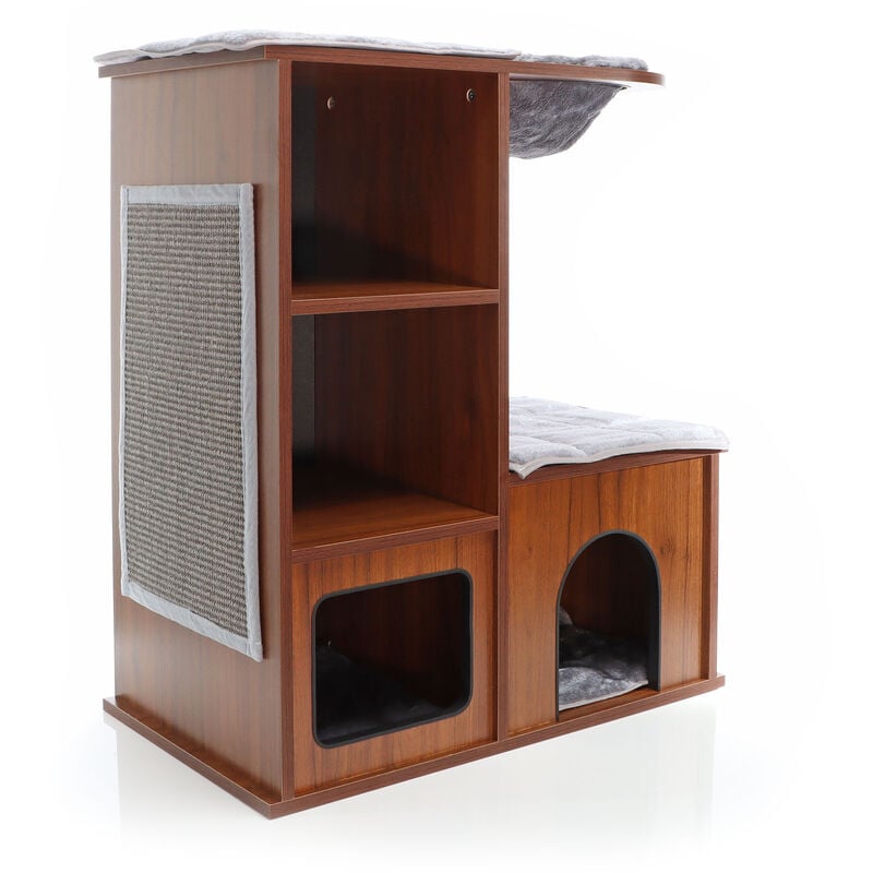 foto del prodotto fudajo casetta gioco per gatti design in legno marrone con cuscini e tappetino tiragraffi in sisal