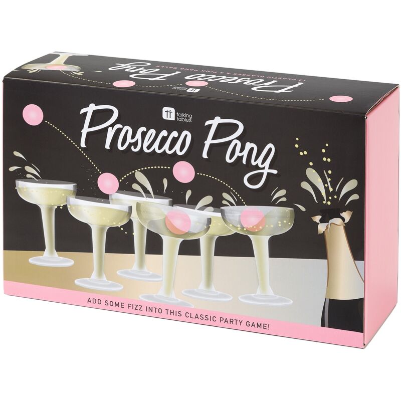 foto del prodotto fun drinking game, classico gioco, 12 calici per prosecco in plastica e 3 palline da ping pong rosa, ideale per compleanni, cerimonie, feste,
