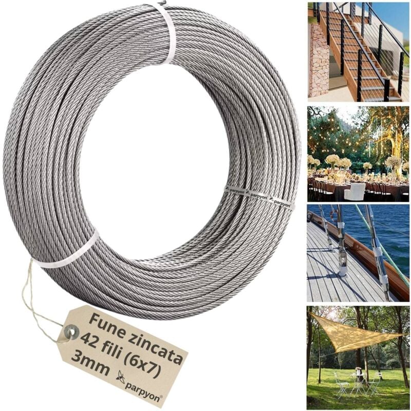 foto del prodotto fune acciaio zincato cavo metallico 42f. d.3mm 50 mt