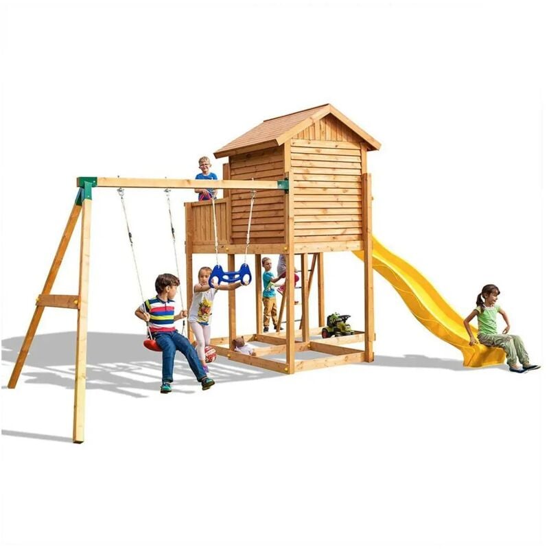 foto del prodotto fungoo casetta in legno con scivolo e altalena move myside gioco in legno per giardino