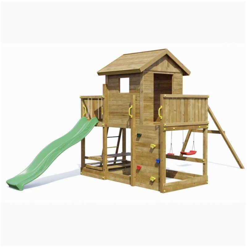 foto del prodotto fungoo casetta parco giochi in legno mars con scivolo, altalena, tavolo pic nic e arrampicata