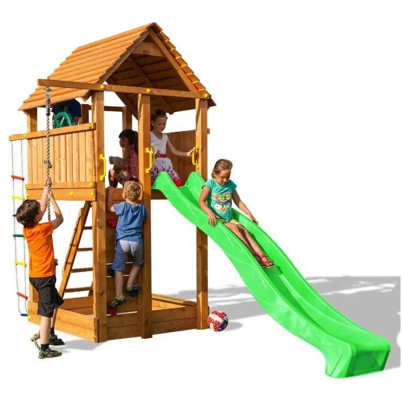foto del prodotto fungoo parco giochi in legno fortress casetta con scivolo, arrampicata e sabbiera