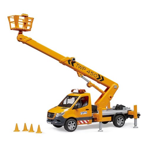 foto del prodotto furgone con piattaforma lavoro luci e suoni bruder 02679 mercedes spri