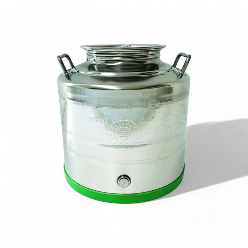 foto del prodotto fusto acciaio inox per olio con maniglie fondo a pentola tappo a vite attacco rubinetto protezione plastica 50 lt