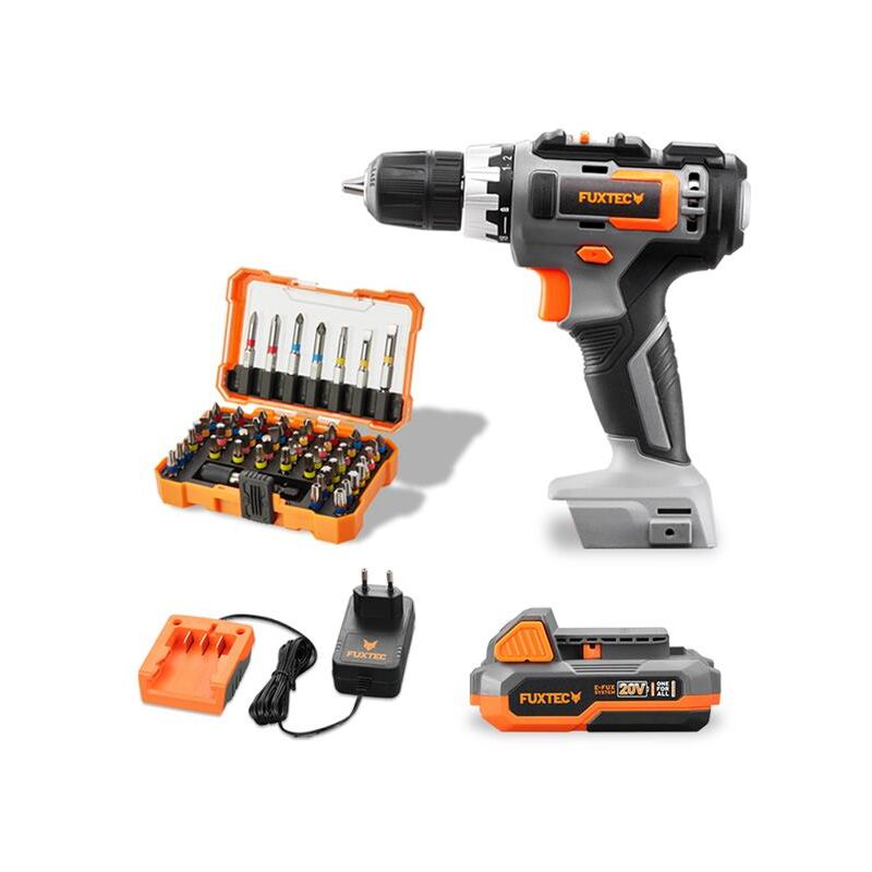 foto del prodotto fuxtec avvitatore a batteria 20v fx e1bs20 set con 2 batterie da 2ah, 1 caricabatterie da 1a incluso set di punte