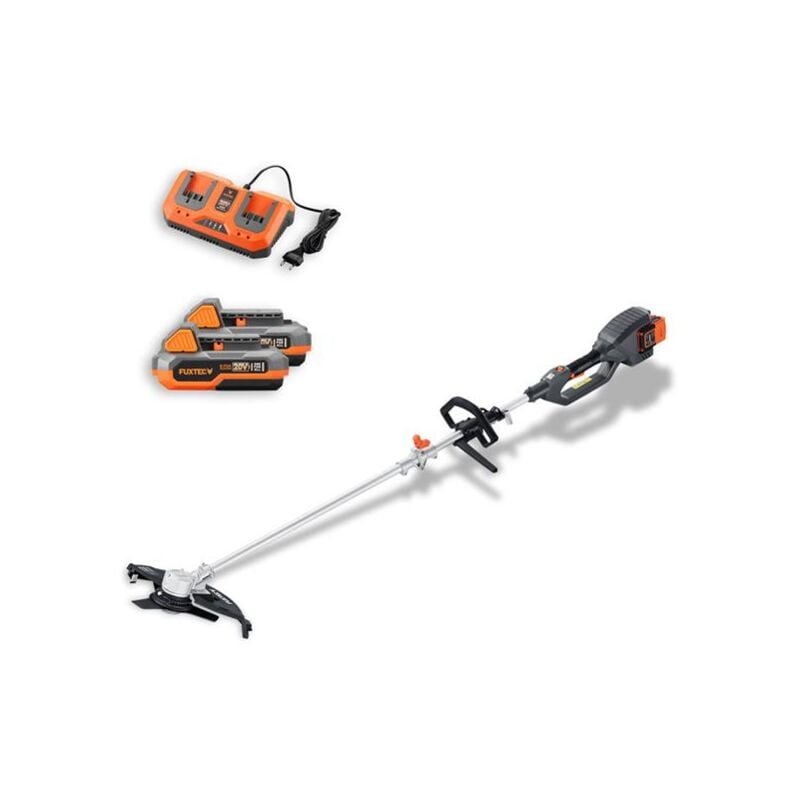 foto del prodotto fuxtec decespugliatore a batteria 2x20v e2msset 2xbatterie e caricatore con bobina e lama a disposizione