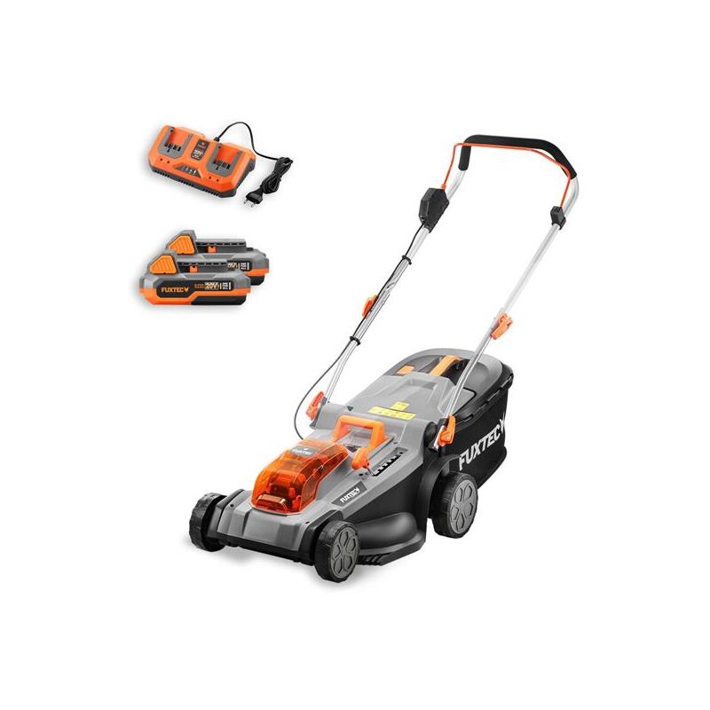 foto del prodotto fuxtec rasaerba elettrico e2rm37 a batteria 40v 2x20v larghezza di taglio 37cm, altezza di taglio variabile, senza fili batteria li ion 