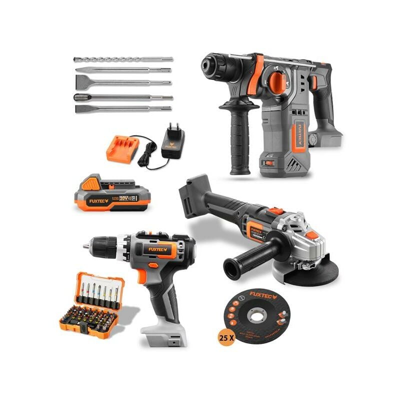 foto del prodotto fuxtec set powertool a batteria con smerigliatrice angolare, avvitatore a batteria trapano tassellatore 20v