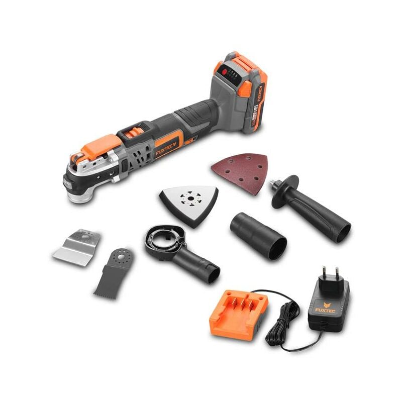foto del prodotto fuxtec utensile multifunzione multiuso a batteria 20v e1mt20 set con 1 batteria 2ah e 1 caricatore1a