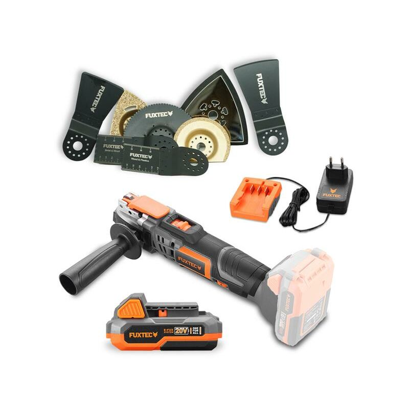 foto del prodotto fuxtec utensile multiuso multifunzione a batteria 20v 3in1 fx e1mt20 set bundle con batteria, caricabatteria e set di accessori da 8 pezzi