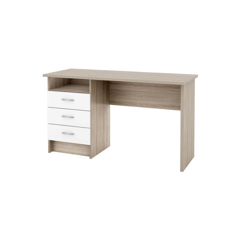 foto del prodotto fwstyle scrivania in mdf effetto quercia con tre cassetti bianchi, 72x48x120 cm