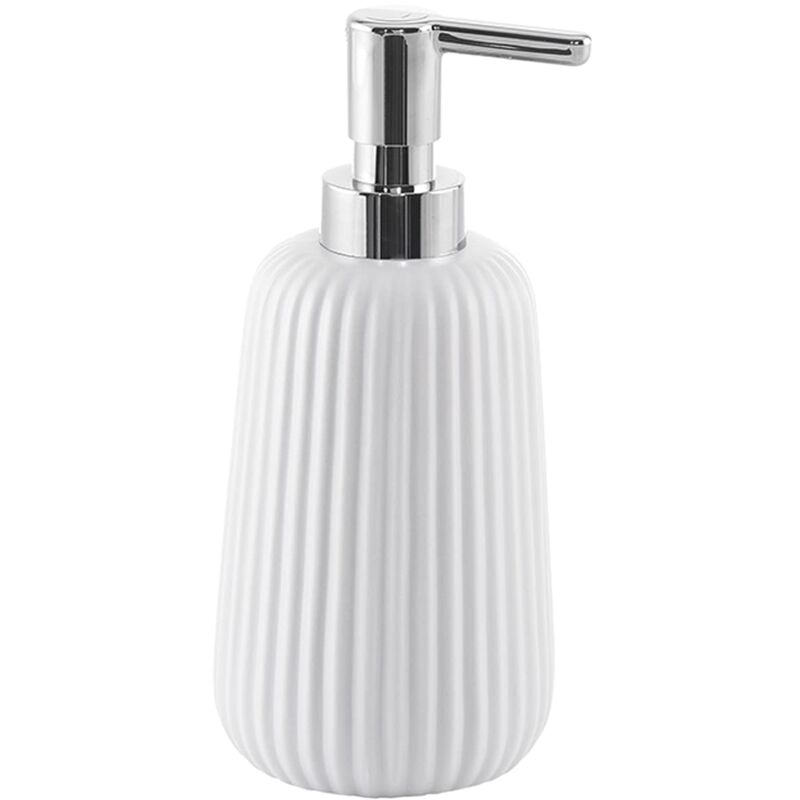 foto del prodotto g marika, dispenser bianco, dosatore sapone bagno realizzato in acciaio inox e cromall, misure 18x8x8 cm e peso 0,37 kg, design r s, 2 anni di