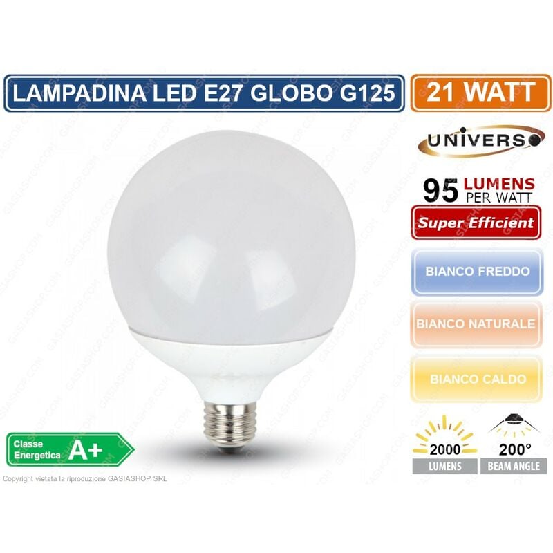 foto del prodotto g125 09 lampadina led e27 21w globo g120 2000 lumen 3000k 4000k 6500k colore luce bianco caldo universo