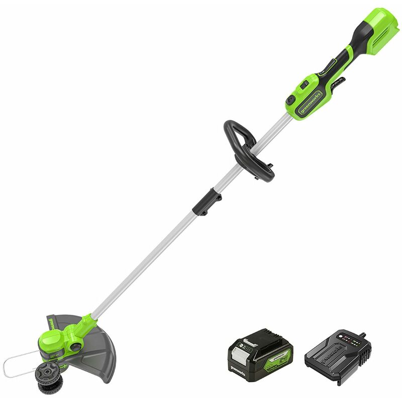 foto del prodotto g2d4lt33k4 tagliabordi con ruota a batteria per giardini medi, ampiezza di taglio 33cm, filo di nylon da 2mm con autofeed, batteria 24v 4ah e