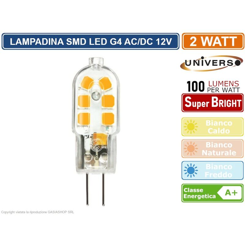 foto del prodotto g4 05 lampadina led g4 2w bulb chip smd 300 200 lumen ac dc 12v colore luce bianco freddo universo