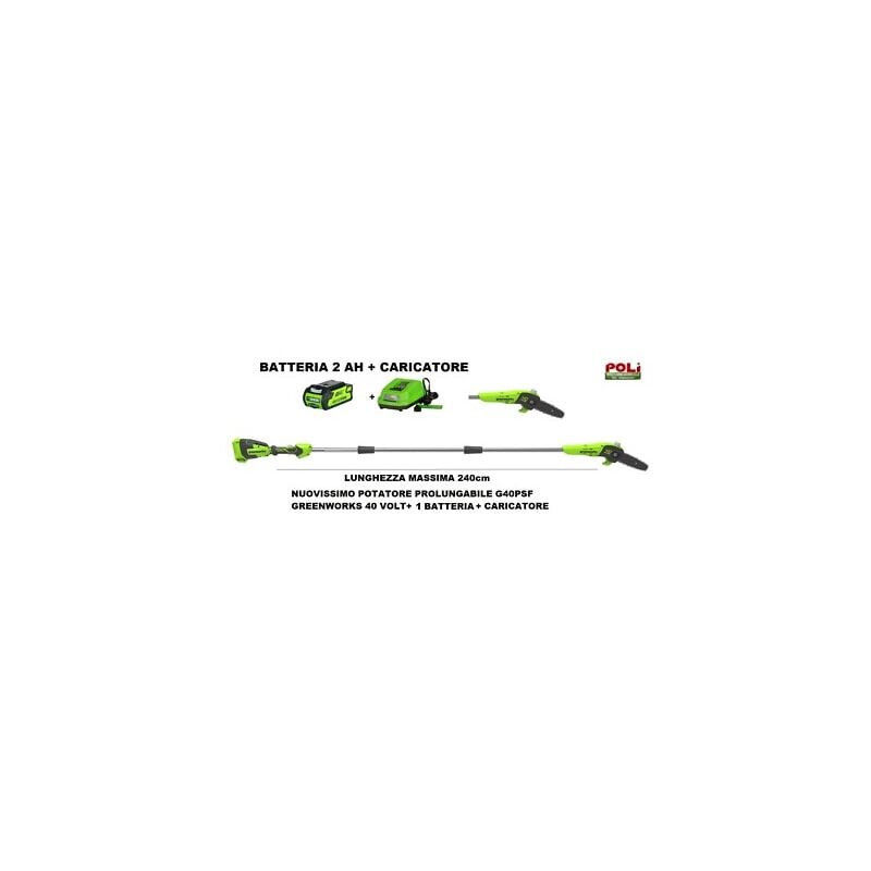 foto del prodotto g40psfk2 potatore ad asta, lunghezza barra 8 pollici 20 cm , velocit 8 m s, 3,64 kg, ingrassatore automatico, portata 2,58 m, batteria 40v 2ah,