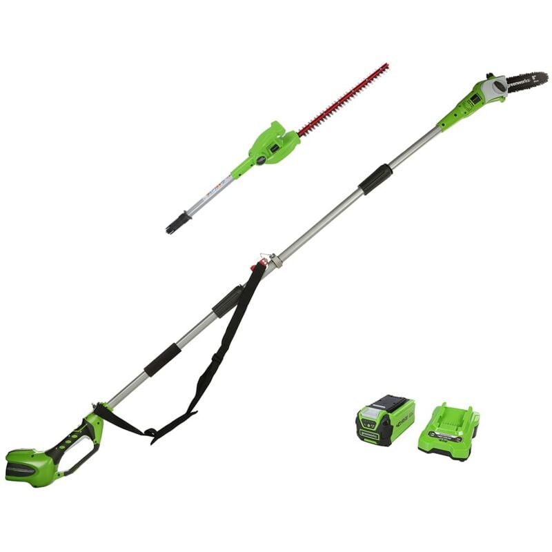 foto del prodotto g40pshk2 sega e tagliasiepi ad asta a batteria 2 in 1 con tracolla, barra 20cm, lame a doppia azione 51cm, 40v 2ah e caricabatterie, garanzia 3 anni