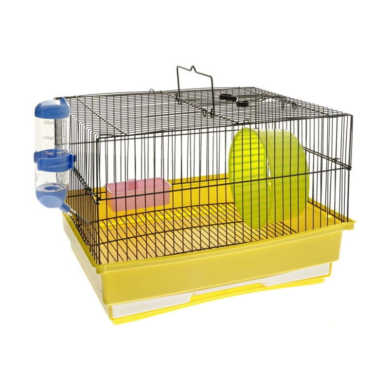 foto del prodotto gabbia in acciaio e plastica completa di accessori per criceti
