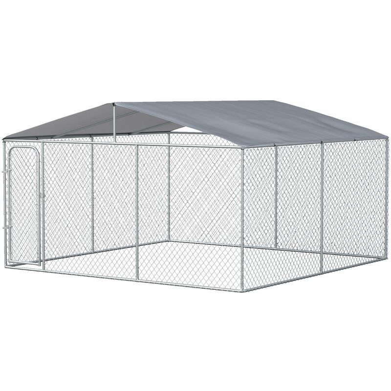 foto del prodotto gabbia kennel per cani da esterno 400x400x232 cm in metallo e tetto in tessuto oxford argento